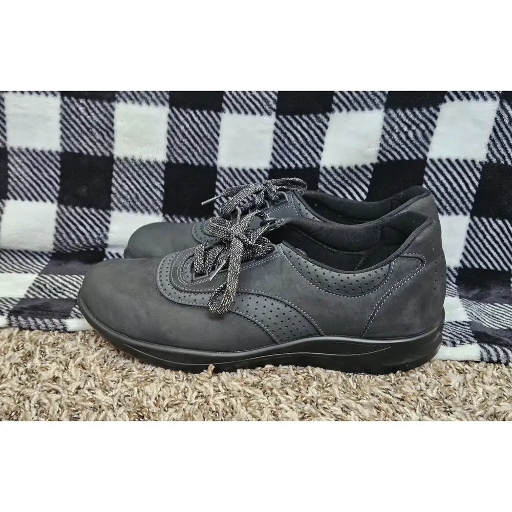 SAS Walk Easy Womens 10W Black Nubuck Leather Comfort Lace Up Walking Shoes